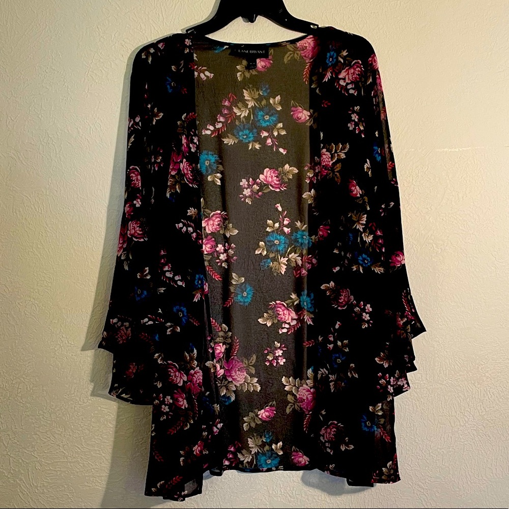 Lane Bryant black end pink floral kimono cardigan